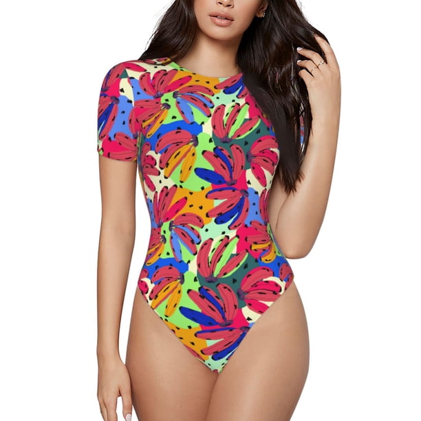 Balery Colorful Bananas Body de cuello redondo de manga corta para mujer Tops de manga corta Tops básicos-Small