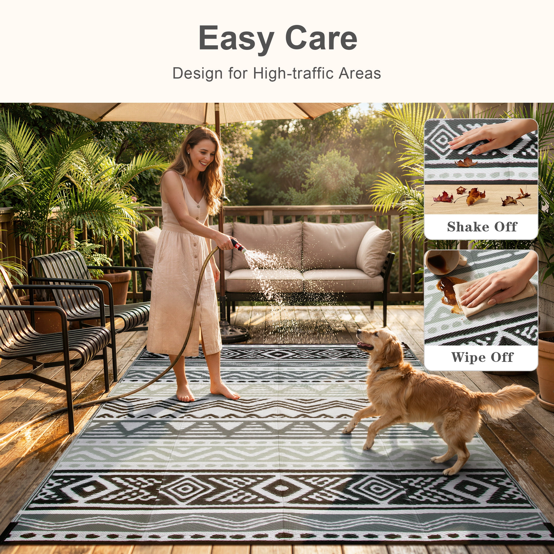 Moynesa Large Outdoor Rug Waterproof, 8'x10' Lightweight Plastic Straw Rug for Camping RV, Reversible Outside Carpet for Patio Deck Porch Balcony Picnic Tent, Black/Gray