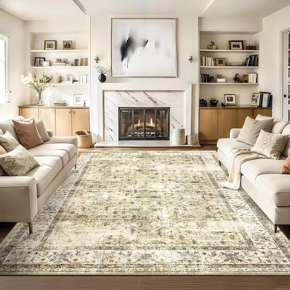 10x13 Vintage Washable Rug Non Slip Low Pile Living Room Beige