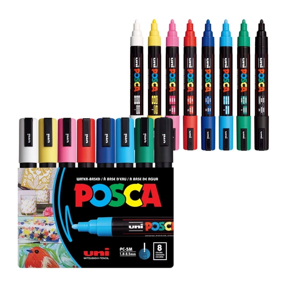 uni POSCA PC-5M Water-Based Paint Markers, Medium Tip, (1.8-2.5mm), Assorted Ink, 8 Count