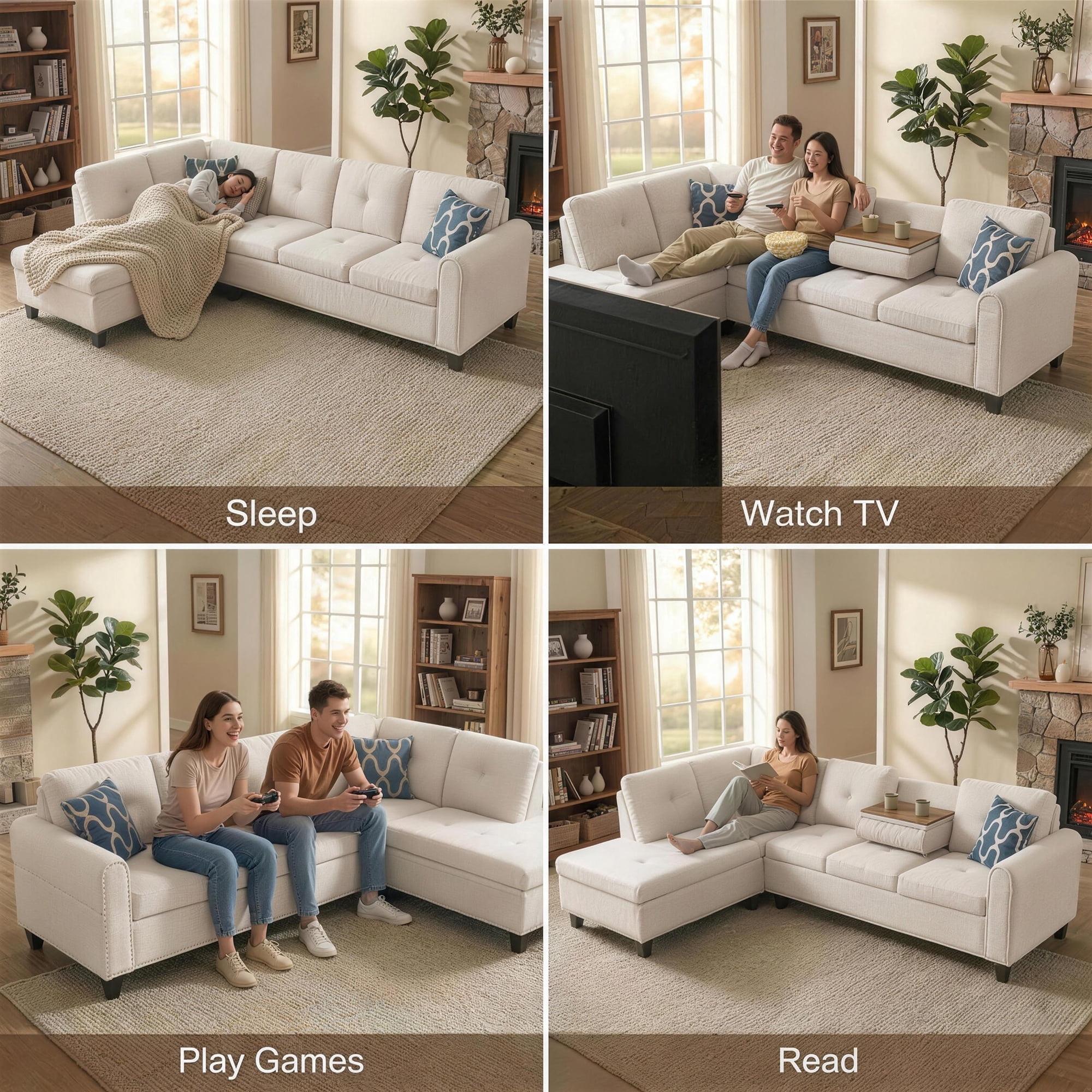 AENKYO 98" L-Shaped Upholstered Sectional Sofa Couch with Storage & Cup Holders, Faux Leather Living Room Sofa Set, Beige
