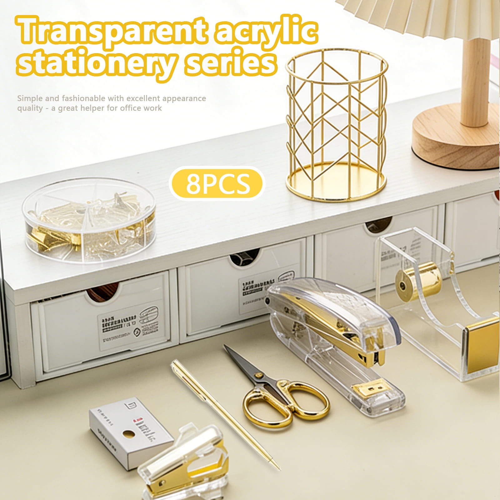 Arcticwind Desk Accessories Acrylic stapler set,staple remover,Phone Holder,Tape Dispenser,Tape/Pen Holder,Scissor,Ballpoint Pen,Binder Clips,Paper Clips and Staples.(8 piece imitation gold set)