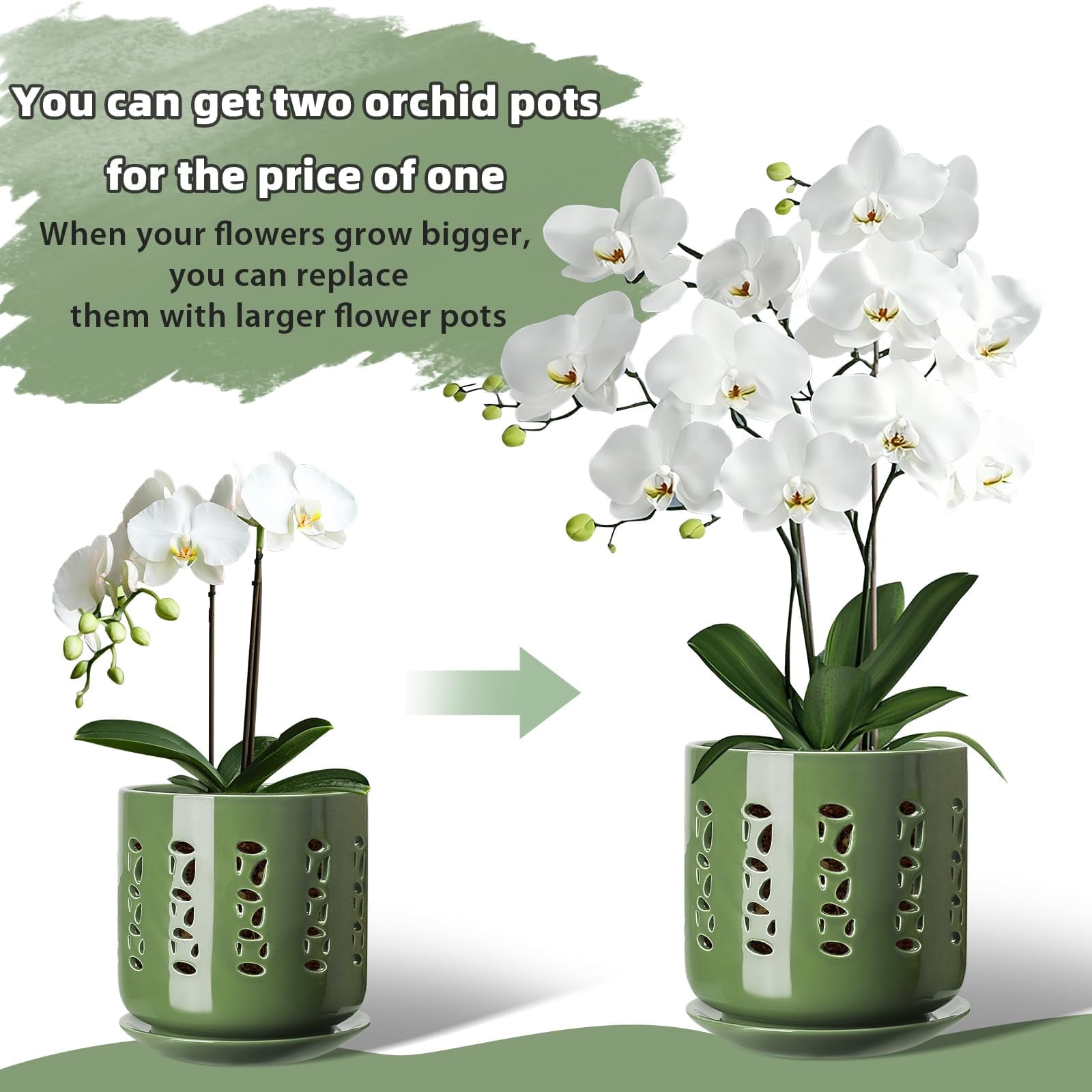 Orchid Pots with Holes, 5+6 Inch Ceramic Orchid Pot, Enhance Good Ventilation and Drainage, Flower Pots for Indoor/Outdoor Plants 2 Pack - Forest Green