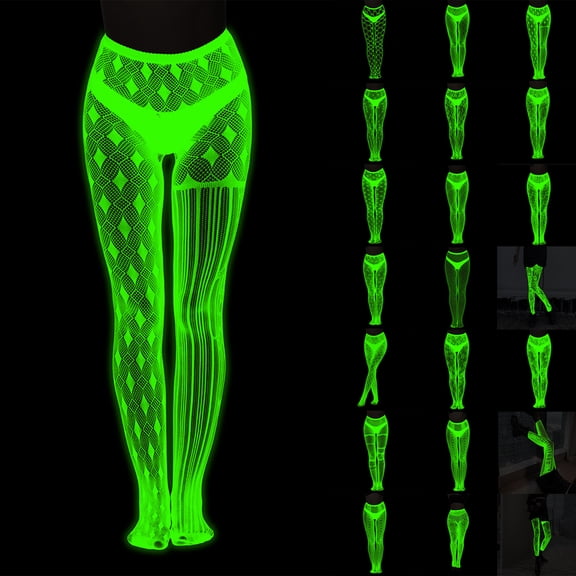 Wutalume Women's Fluorescent Striped Fishnet Tights - Glow-in-the-Dark Sexy Lace Pattern Sheer Body Stockings for Night Party, Club, and Halloween Costume,A