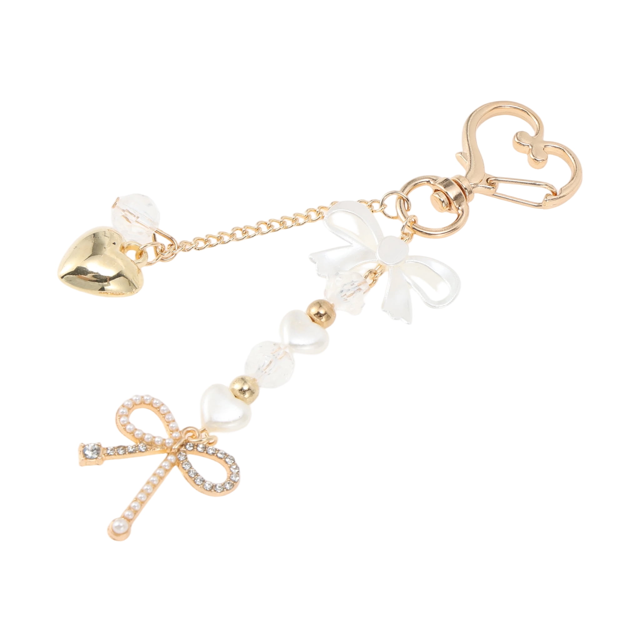 Unique Bargains Heart Bow Handbag Charm Keychain 1 Pc for Bags Gold Tone, Beige