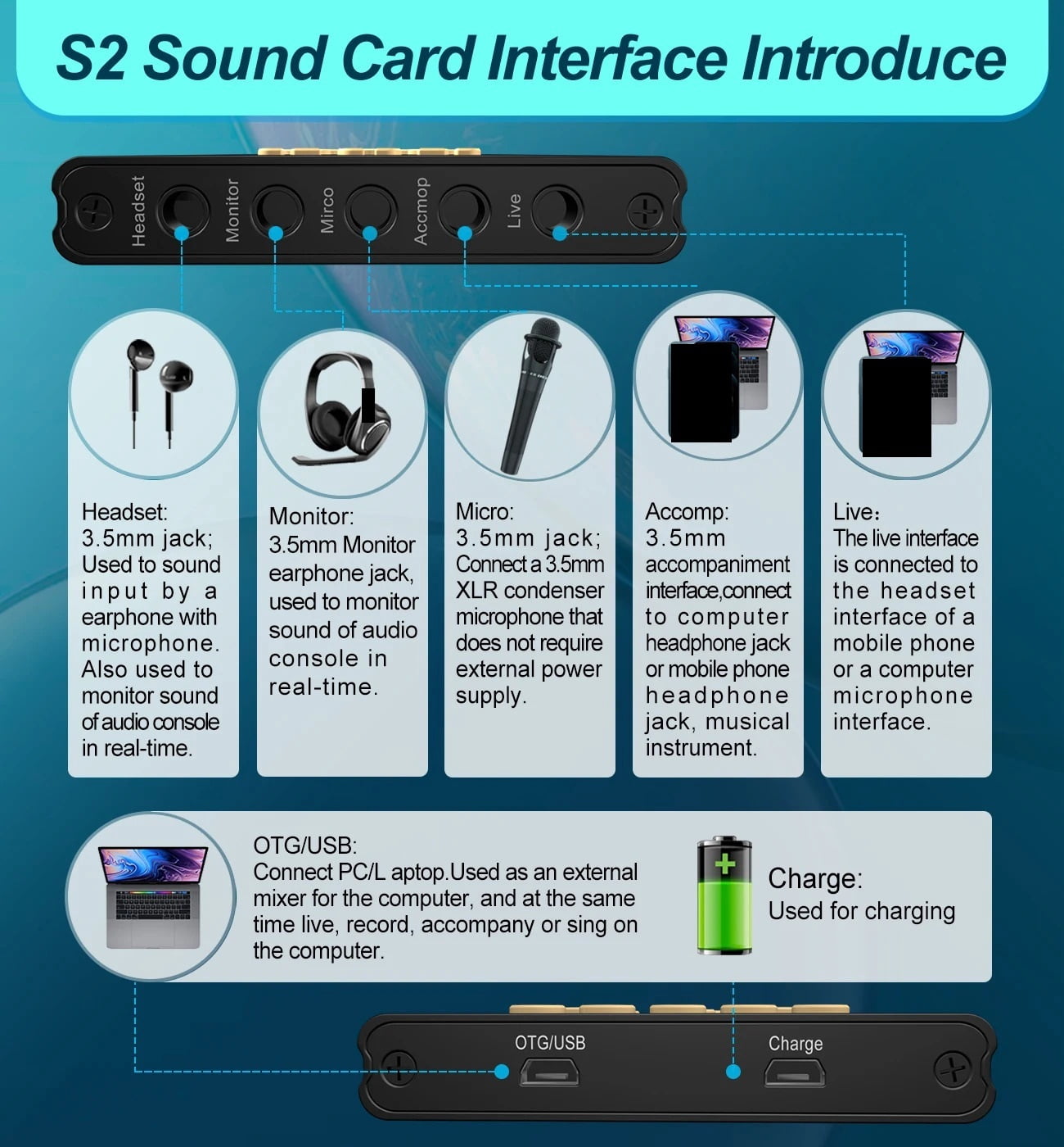 S2 Live Sound Card Interface DJ Mixer USB Sound Card Kit Voice Changer Sound Broad Bluetooth