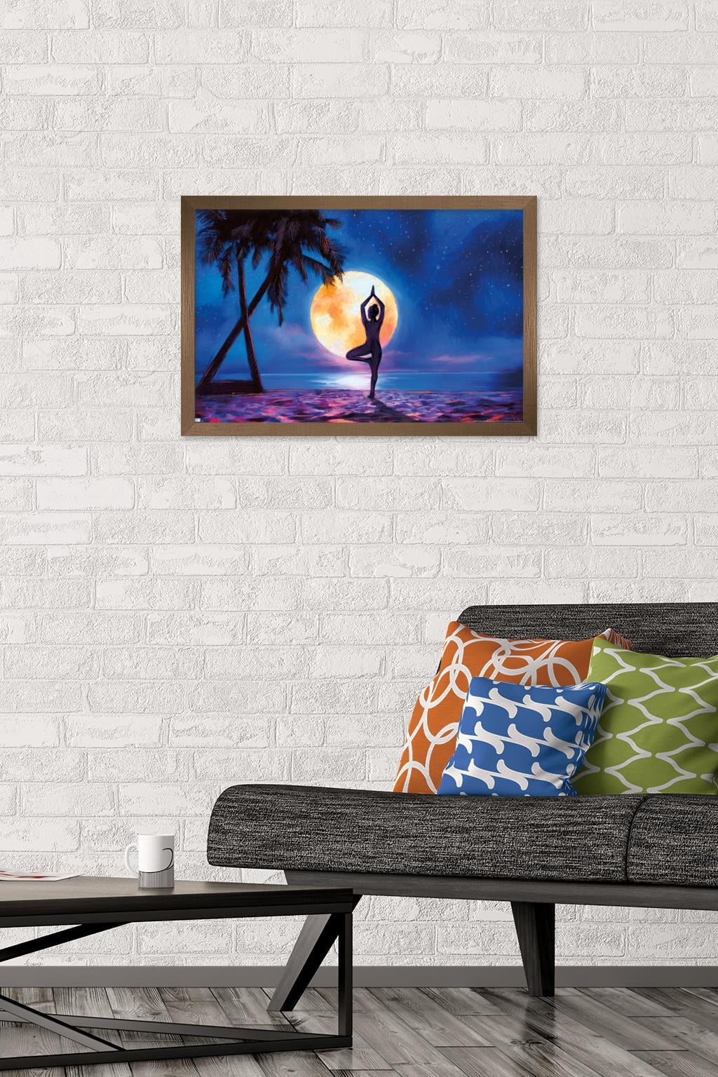 PD Moreno - Fine Art - Yoga Moonlight Beach Wall Poster, 14.725" x 22.375" Framed