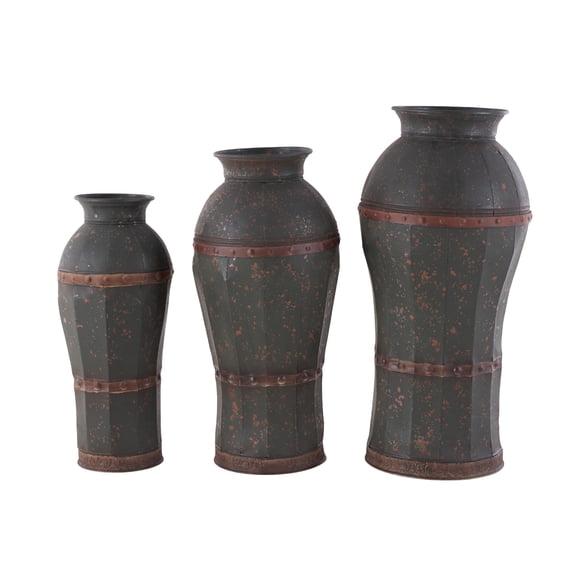 DecMode 37", 33", 29"H Distressed Dark Gray Metal Vase with Rivet Details, Set of 3