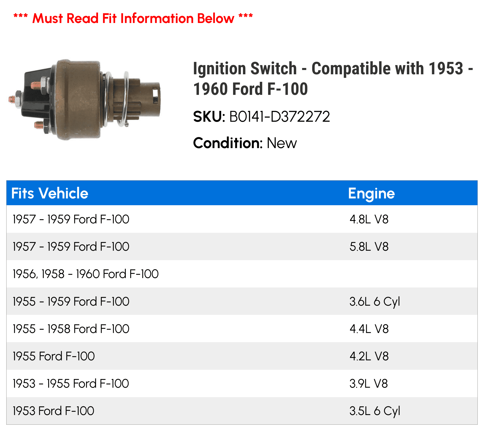 Ignition Switch - Compatible with 1953 - 1960 Ford F-100 1954 1955 1956 1957 1958 1959