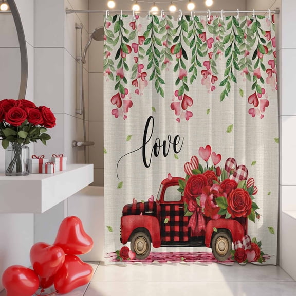 Valentine's Day Shower Curtain, 72" x 84", Watercolor Romantic Red Truck Love Heart Roses Linen Texture Waterproof Bathroom Curtain Washable Shower Curtain Set with 12 Hooks