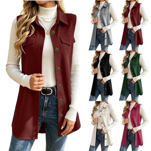 Smsaxvxz Womens Button Vest Sleeveless Fall Fashion Solid Jackets Lightweight Collared Shirts Jackets with Pockets Wine S