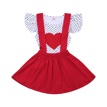 

MERSARIPHY Girl’s Polka Dot Heart T-shirt and Solid Color Suspender Skirt Set