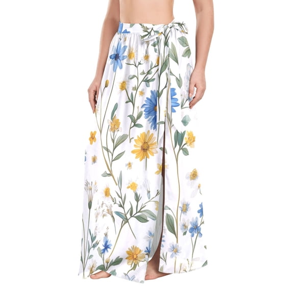 FORMRS Womens Long Sarong Beach Wrap Semi-Sheer Bikini Skirt Bathing Swimsuit Cover Up, Blue Floral
