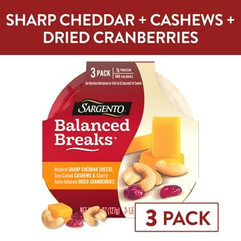 Sargento Balanced Breaks Natural Sharp Cheddar Cheese, Sea-Salted Cashews and Cherry Juice-Infused Dried Cranberries, 3-Pack