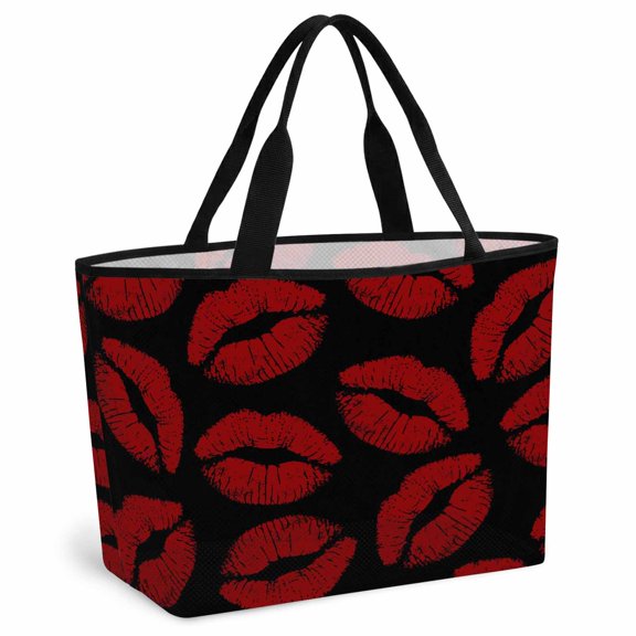 Red Lips Beach Bag for Women, Large Breathable Mesh Beach Tote Bag, Modern Abstract Romantic Texture Aesthetic Sandproof Lightweight Travel Bags for Vacation Picnic Swimming Pool 15.7"x15.7"x9.1"