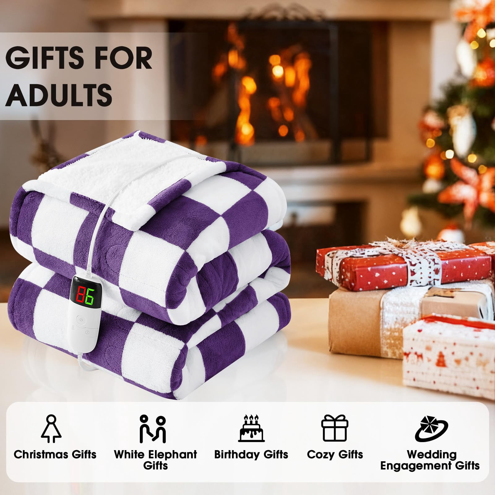 Heated Electric Blanket Throw  50x60 Heating With 10 Heat Level & 8 Hours Auto Off For Lap Deep Purple Checkered Plaid Soft Sherpa Blankets Mothers Day Gifts Mom Grandma Women Couch