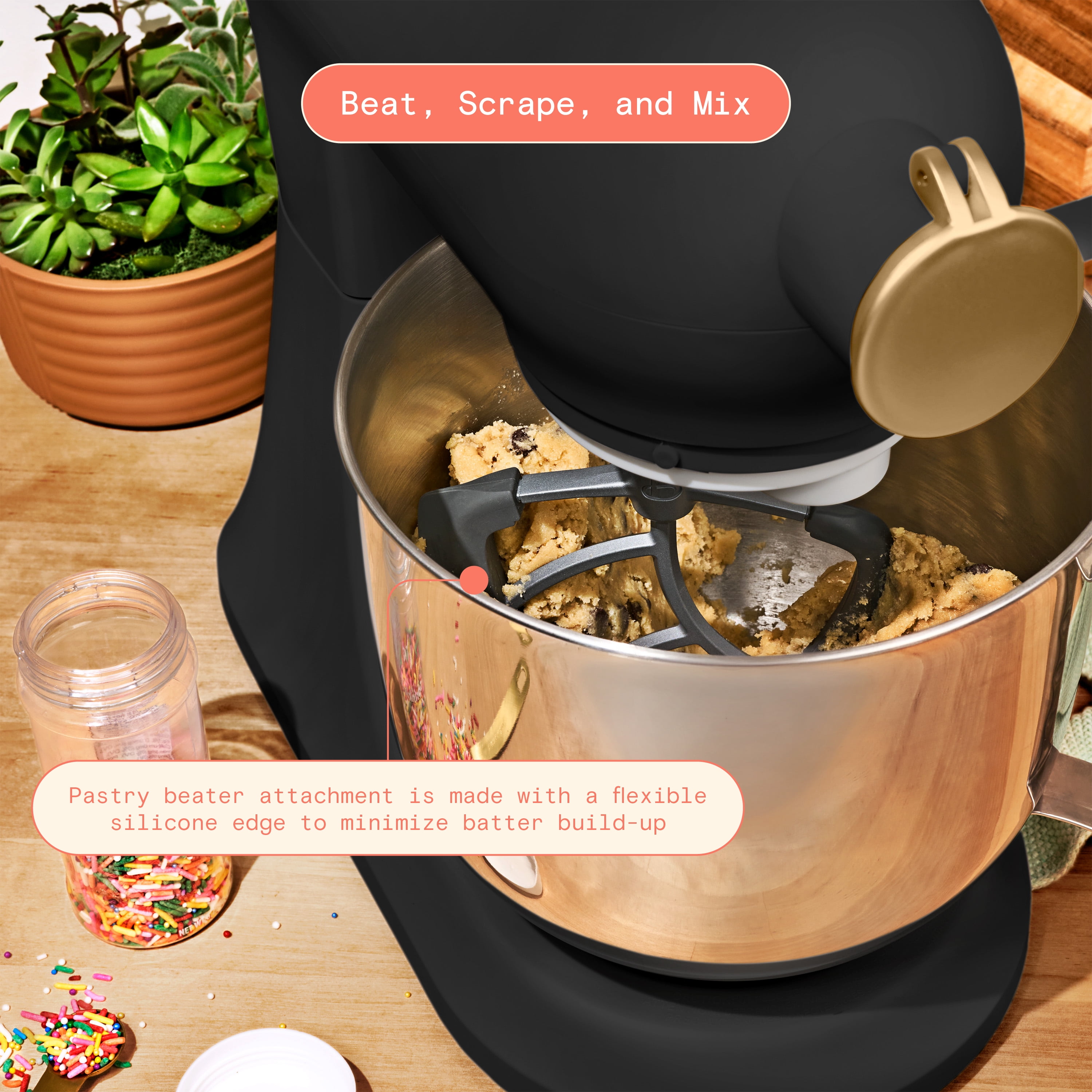 Beautiful 6 Qt Tilt-Head Stand Mixer with Dough Hook, Flat Beater, Balloon Whisk, Pastry Beater & Slicer/Shredder Set, Black Sesame by Drew Barrymore