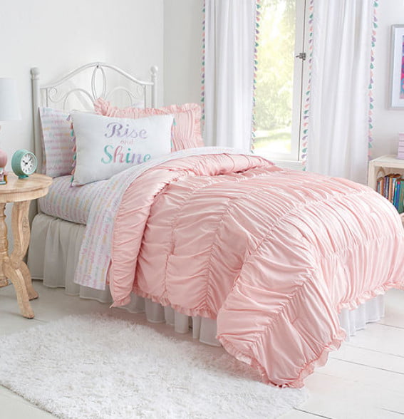 Pink Ruched And Ruffled Girls Full Queen Comforter And Shams Set 3 Piece Bedding