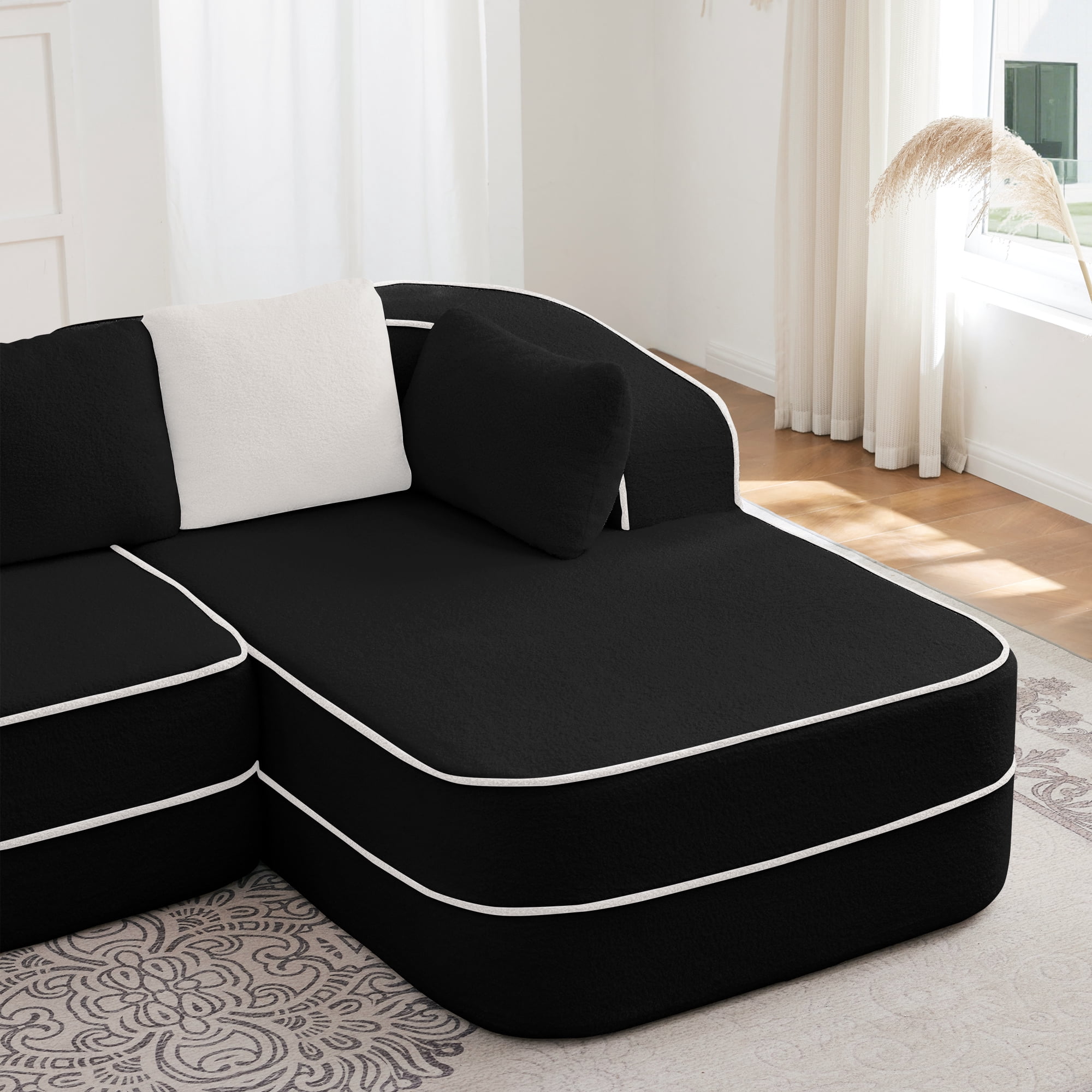 Aukfa 77" Double Chaise Sleeper Sofa, 2-Piece Modular Sectional, Teddy Velvet, Black