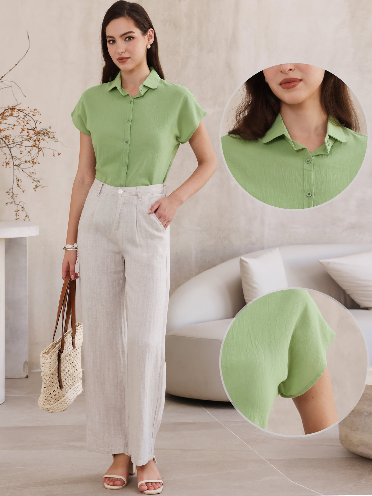DARING DIVA Women's Linen Button Down Short Sleeve V Neck Tops XL Green