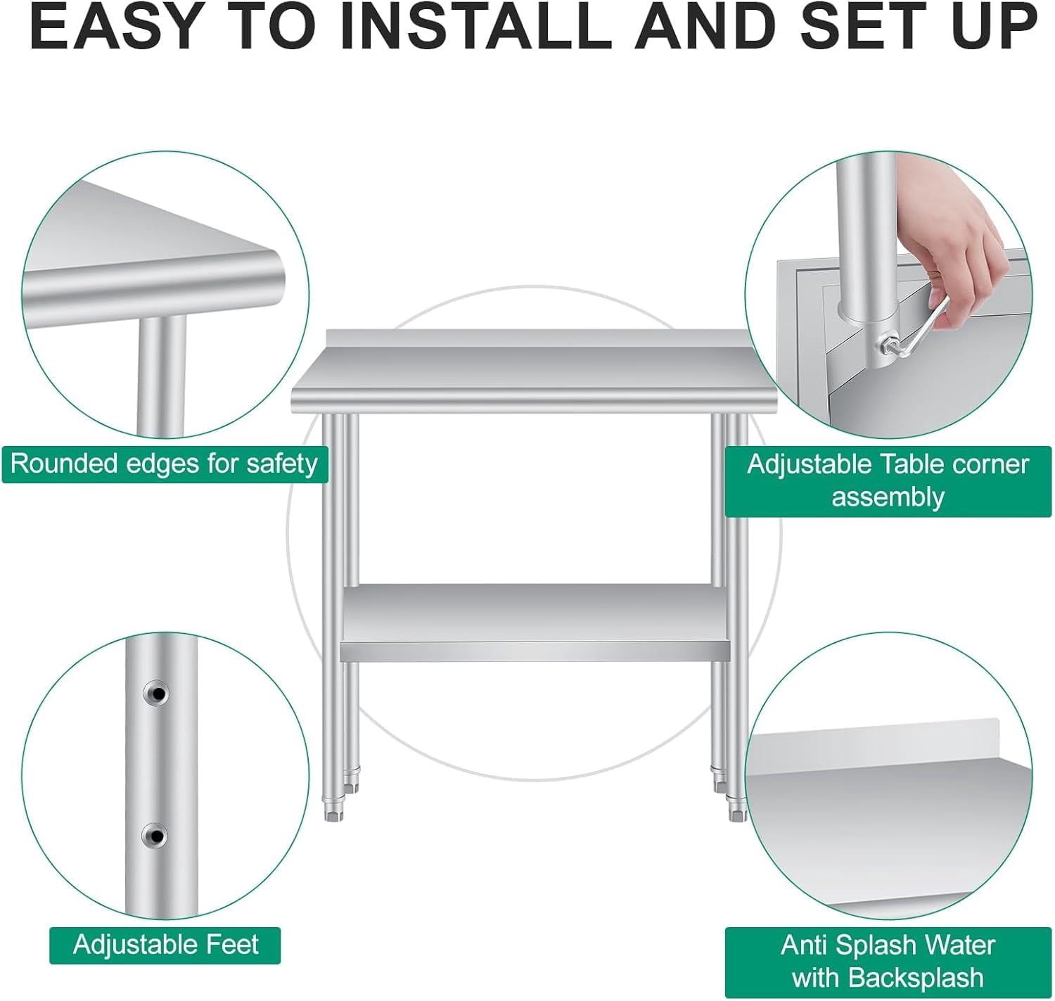 Stainless Steel Commercial Kitchen Worktable – Heavy Duty Prep Table with Backsplash, Adjustable Under Shelf, 36 x 24 Inches for Restaurant, Home & Outdoor