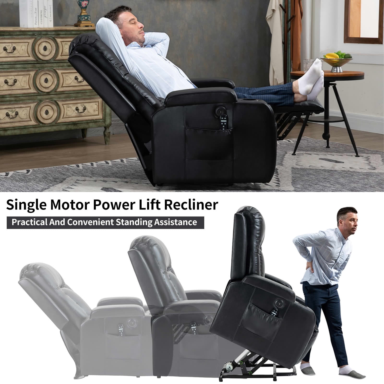 MAYEERTY Brown Chenille 350lbs Power Lift Recliner, Massage Heat USB-C 34"x39"x42" Wide Overstuffed for Elderly