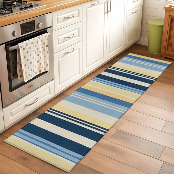 2'x6' Rug Runners for Hallways Kitchen, Blue Yellow Striped Non Slip Entryway Beside Floor Carpet Runner, Farmhouse Stripes Vintage Washable Laundry Room Bedroom Throw Rugs Mat for Family Pet