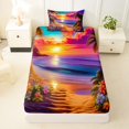 thumbnail image 3 of jejeloiu Floral Beach Sunset Twin Sheets For Girls,Ocean Palm Shoreline Bedding,Purple Pink,3-Piece,1 Fitted Sheet and 1 Pillowcase, 3 of 6