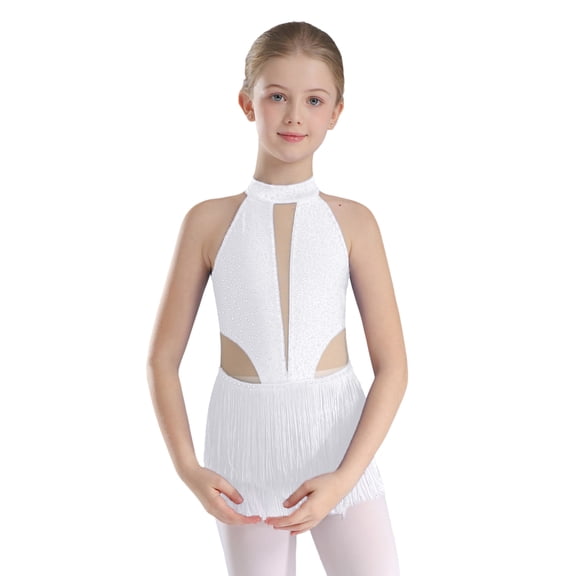 TSSOE Big Girl's Ballet Skirted Leotard Sparkly Latin Dance Dress Fringed Bodysuit Ballroom Costume for Competition White 6