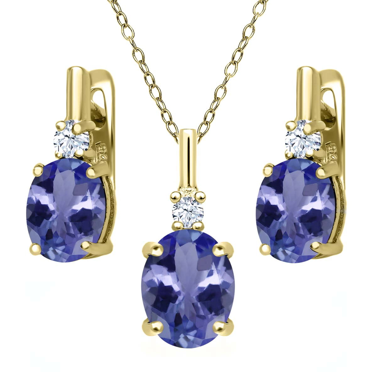 5.18 Ct Blue Tanzanite AAA White Topaz 18K Yellow Gold Plated Silver Pendant Earrings Set by