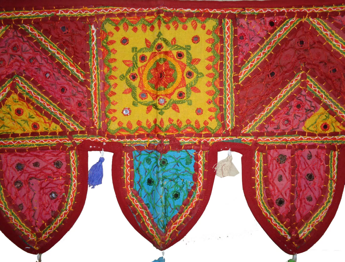 Boho Window Door Toran Valance – Beaded & Mirrored Gate Topper Tapestry with Kantha Embroidery for Wedding or Home Décor