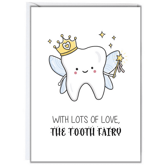 Tooth Fairy Card – Adorable Tooth Character with Crown and Wand – Cute Greeting Card with Envelop – Ideal for Kids’ Teeth Adventures and Milestones