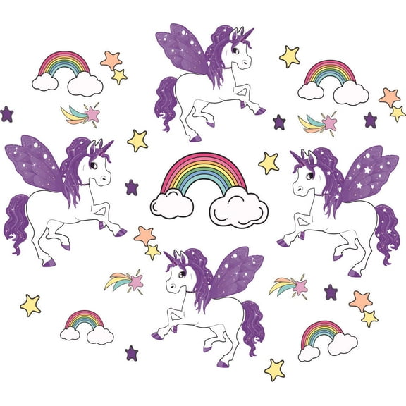 Removable Kids Bedroom Playroom Art Rainbow And Unicorns Decor Cartoon Style Vinyl Wall Decal - 20" x 20" Stick And Peel Home Bedroom Nursery Rainbows Shooting Stars Design Multicolored Wall Sticker