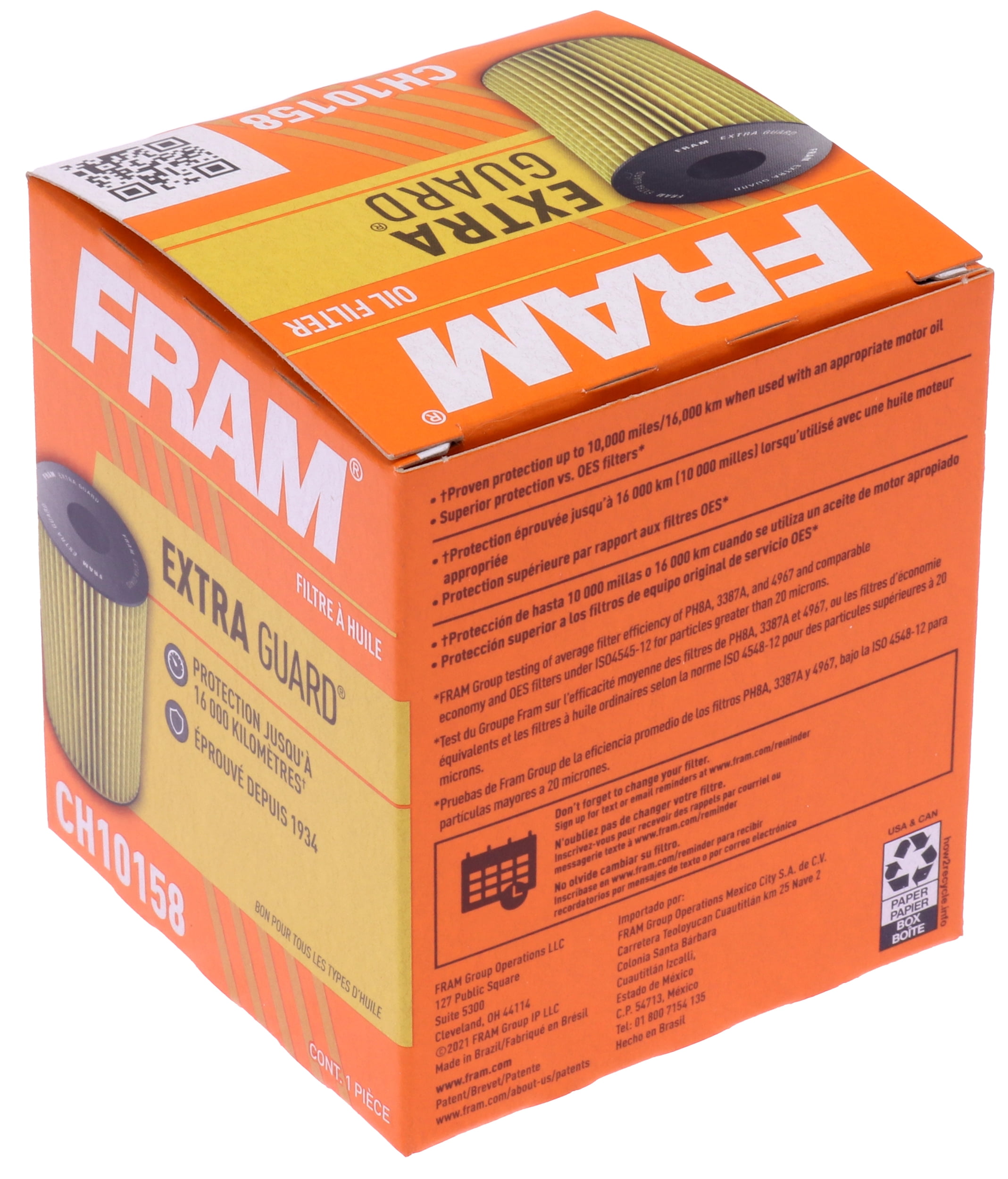 FRAM Extra Guard Oil Filter, CH10158, 10K Miles, Replacement Oil Filter Fits Select Vehicles