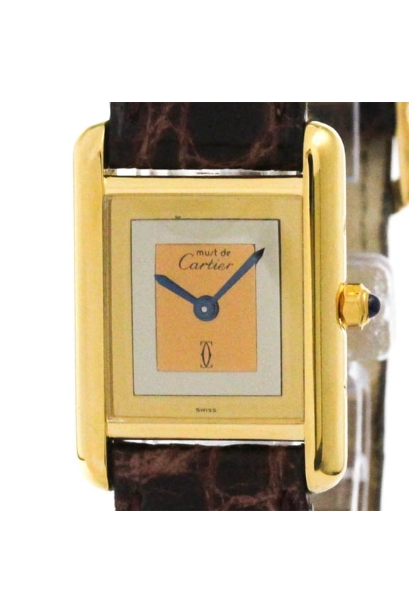 Pre-Owned CARTIER Must Tank Gold Plated Leather Quartz Ladies Watch 366001 (Good)