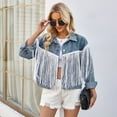 thumbnail image 2 of LYMAYTER Womens Denim Jacket Fall Fringe Washed Cowboy Outwear Female Lapel Long Sleeve Jeans Jacket S-XL, 2 of 8
