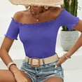 thumbnail image 7 of Diufon Tops for Women Summer Casual Solid Color Ruffle Tees off Shoulder Short Sleeve Blouses, 7 of 7