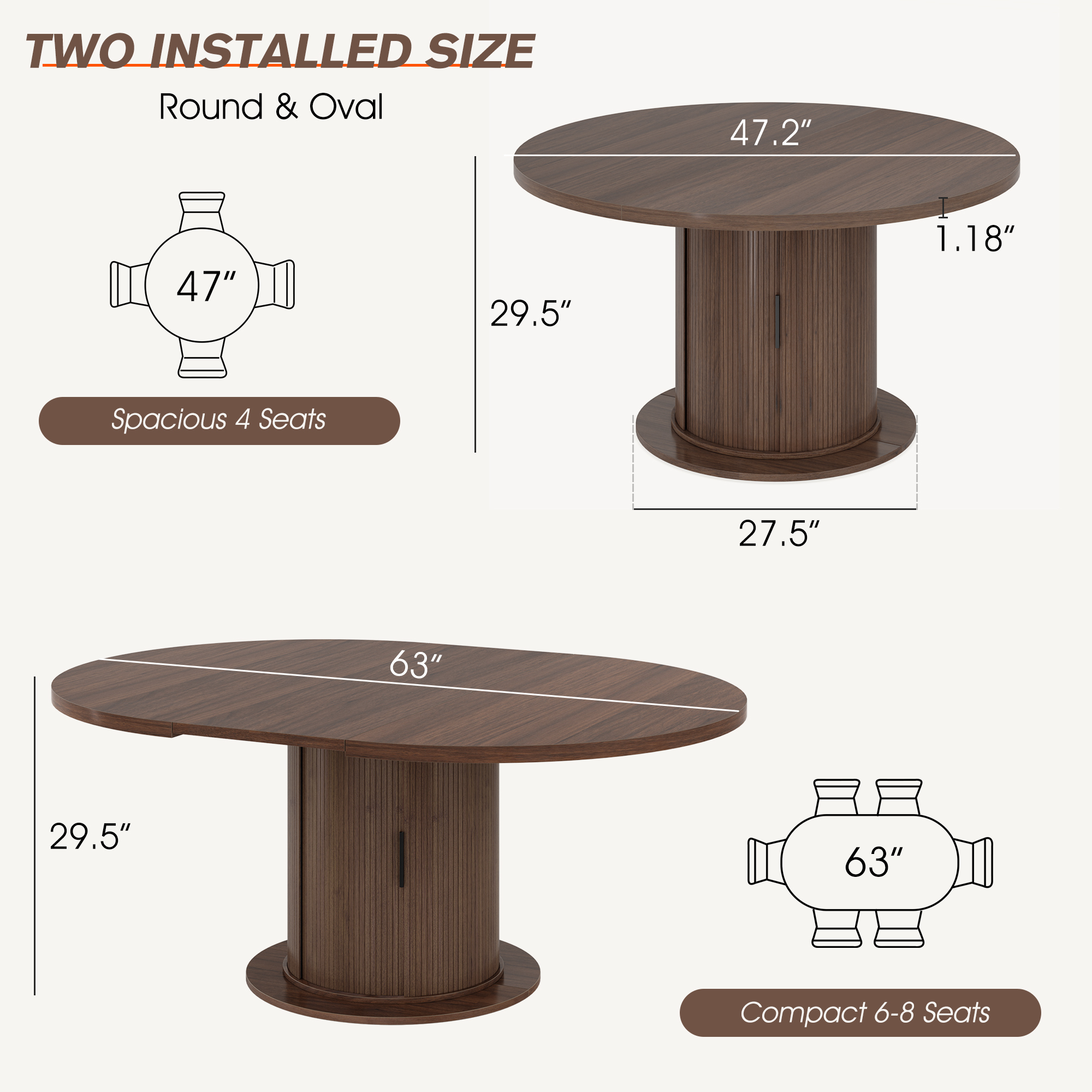 Round Dining Table for 4-8, Extendable Oval Kitchen Dining Room Table 47”-63” with Storage, Mid Century Modern Dinner Table, Walnut