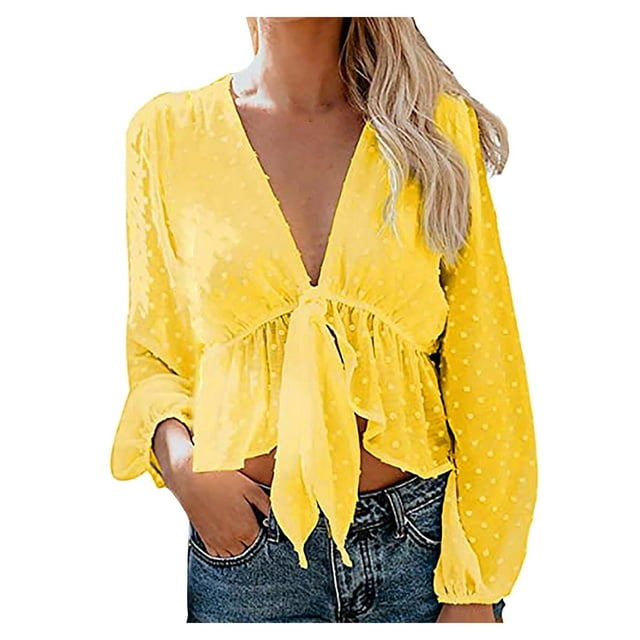 Pompotops Women's Sexy Solid Color Deep V-Neck Lantern Sleeves Ruffled Blouse Top