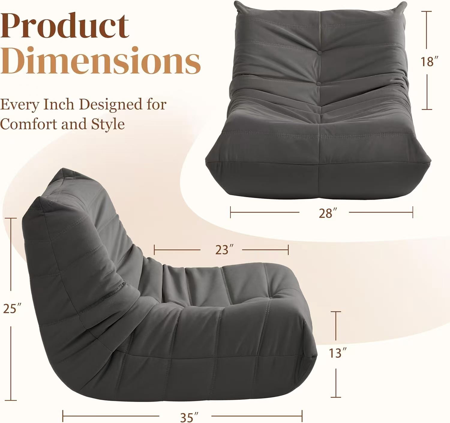 MOONMISS Armless Bean Bag Chairs for Adults,Memory Foam Bean Bag Chair for Living Room Bedroom Office，Gray