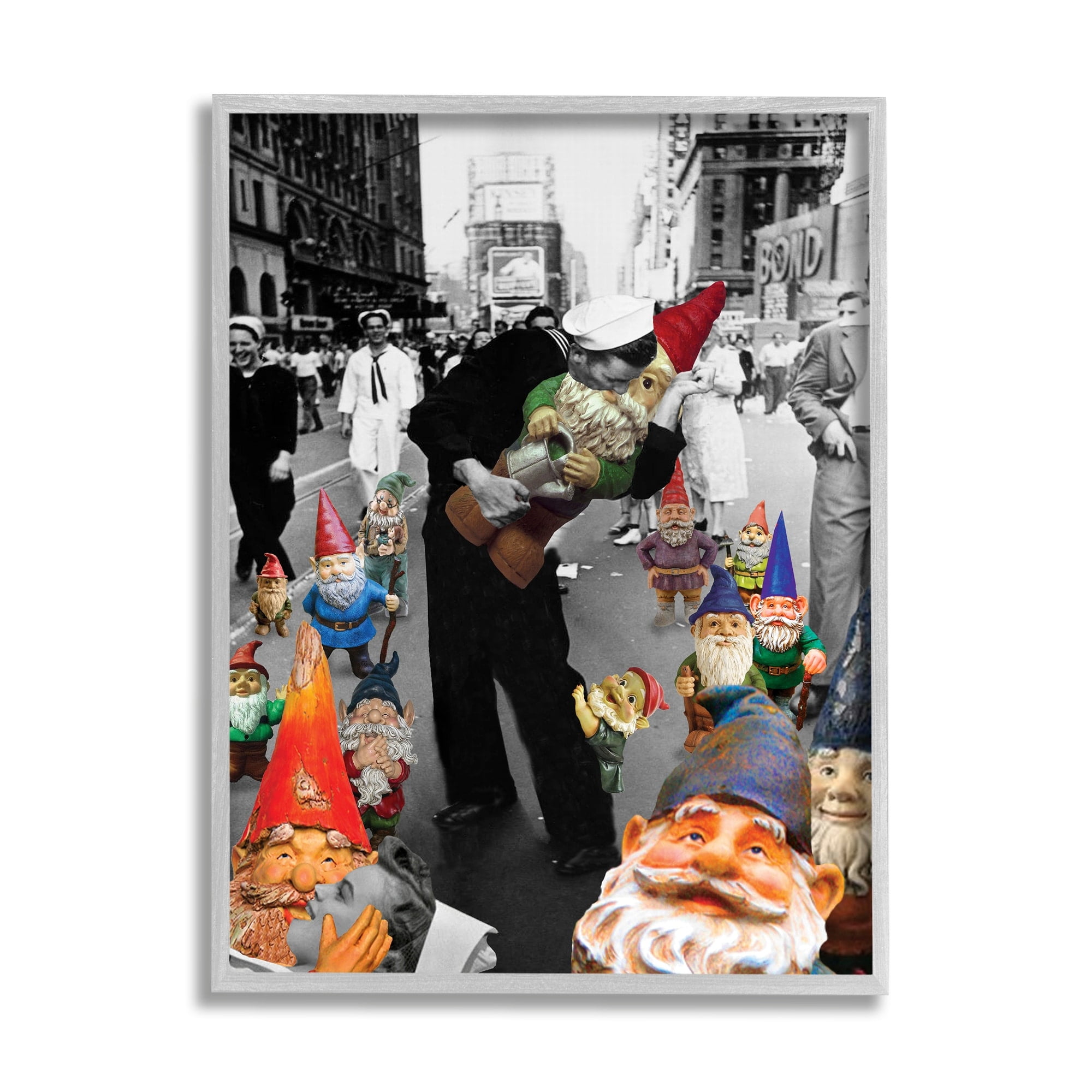 Stupell Industries Classic Kissing Sailor Urban Photograph Whimsical Gnomes Framed Wall Art, 11 x 14, Design by Barry Kite