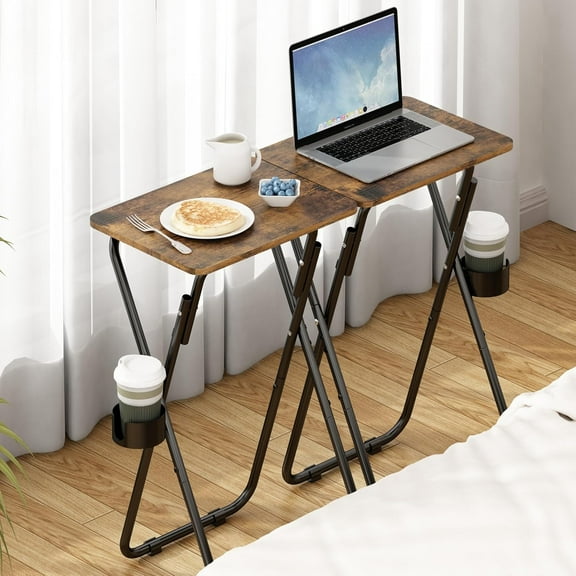 2-Pack Folding TV Tray, TV Trays for Eating Set of 4, Portable TV Dinner Rectangular Folding Tray Table, Snack Table with Cup Holder for Couch, Living Room