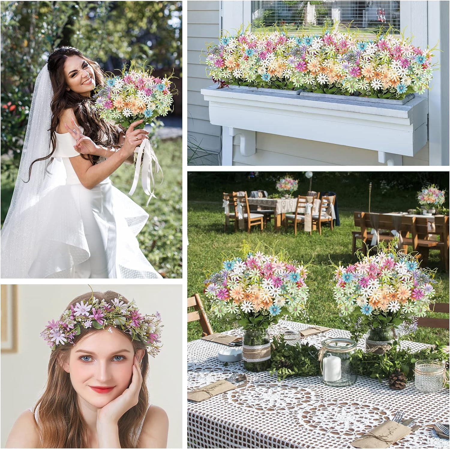 6 Bundles Wildflowers Fake Daisy Outdoor Artificial Flowers UV Resistant Silk Wild Flower Bouquets Bulk Faux Plants Plastic Greenery for Decoration Vase Floral Spring Home Decor