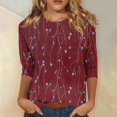 thumbnail image 2 of Camisas de manga 3/4 para mujer Camisetas gráficas con estampado lindo Blusas Casual Tallas grandes Tops básicos Jersey Vino / L, 2 of 6