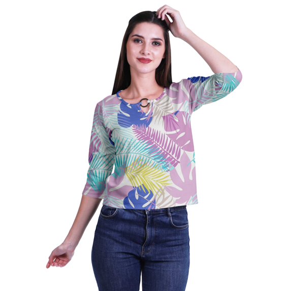 Moomaya Printed Keyhole Neck Ring Top Casual 3/4th Sleeve Tees Tank Tunic Top