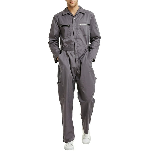 Toptie Men's Action Back Coverall with Zipper Pockets, Gray jumpsuit  Mechanic Uniform 