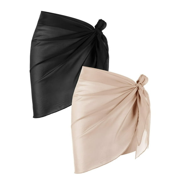JIUWEN 2 Pieces Sarong Coverups for Women Bathing Suit Wrap Swimsuit Skirt Beach Bikini Cover Up Swimwear Chiffon(Black Beige),Sarong Wraps for Women,Beach Wraps for Women,Sarong Coverups for Women