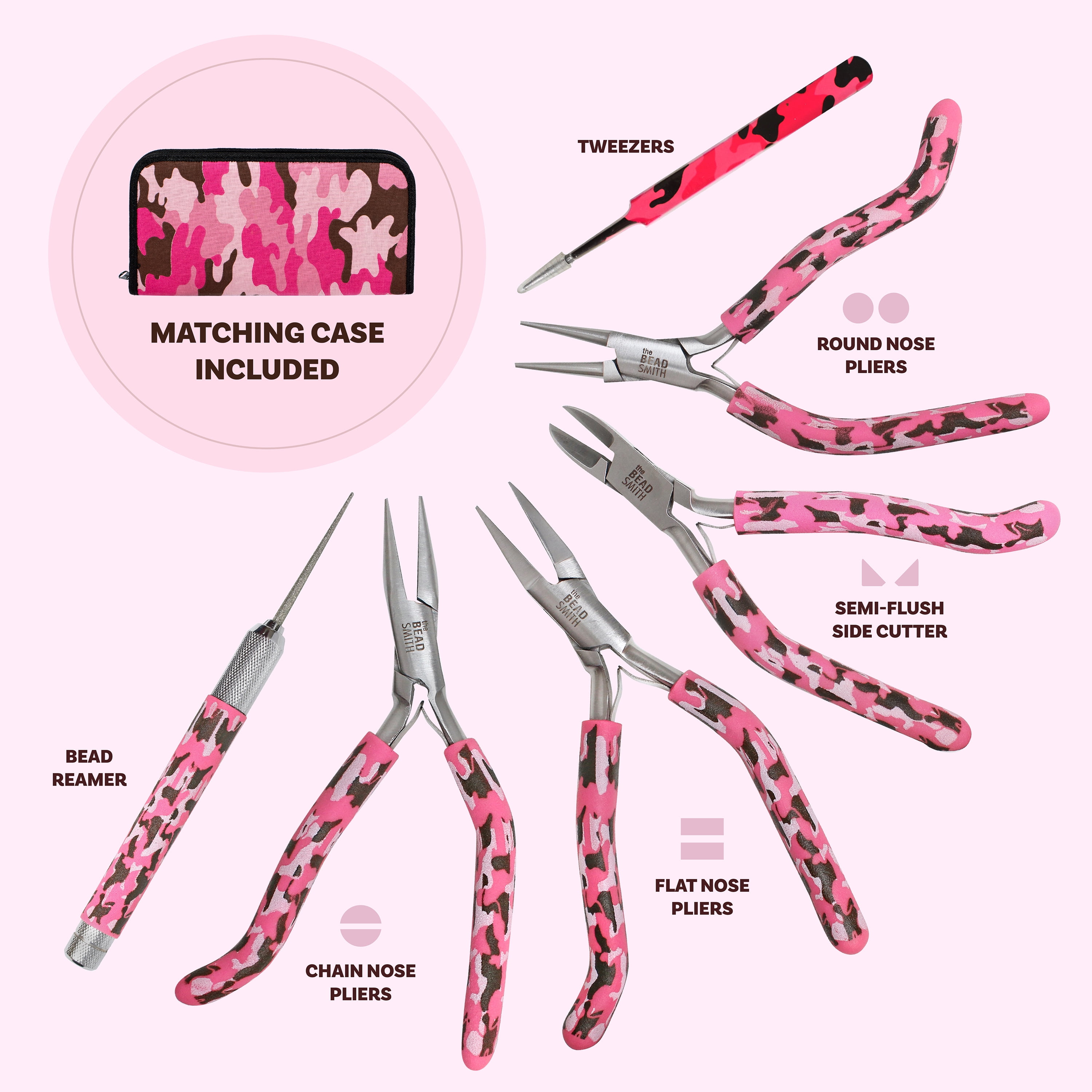 The Beadsmith Pink Camouflage Set - 6 Piece Kit: Pistol Grip Chain Nose, Round Nose, Flat Nose, Side Cutter Pliers w/ Tweezers, Reamer and Zippered Pouch – 6 Inch Jewelry Making Tools