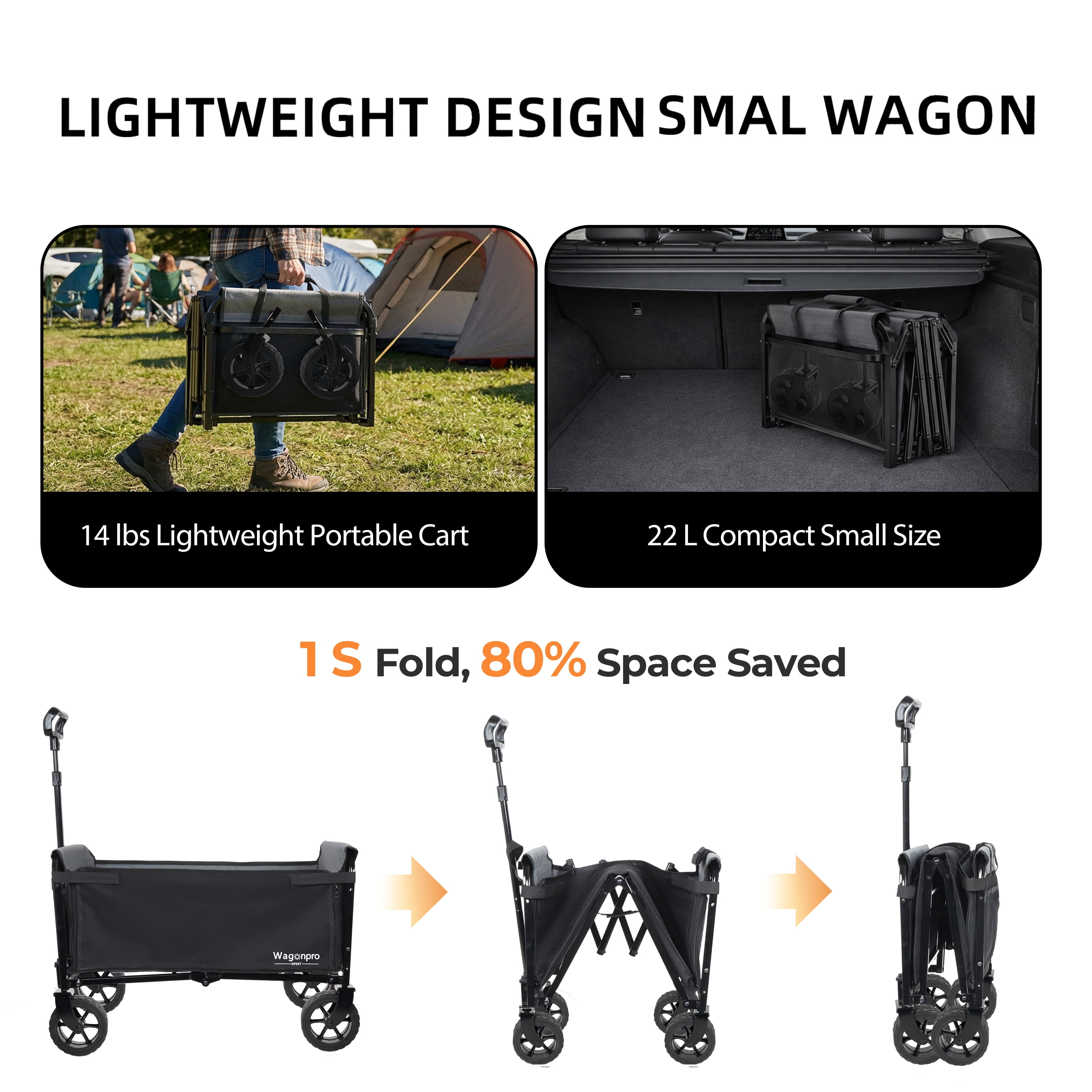 5×2 Inch Wide Wheels Folding Wagon, All-in-One Convertible Trolley with Full-Side Opening & Dog Leash, Collapsible Utility Cart for Camping, Beach, Shopping, Outdoor Use