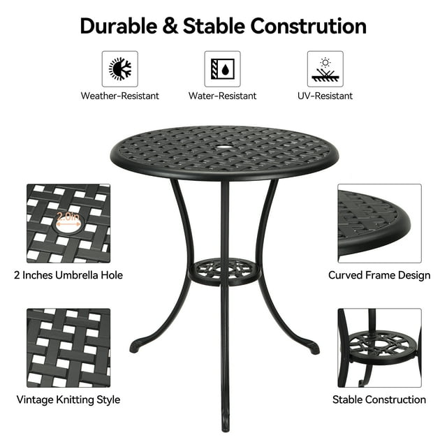 QinaQin 24 Inch Outdoor Bistro Table, Cast Aluminum Rust-Free Side Table with Umbrella Hole